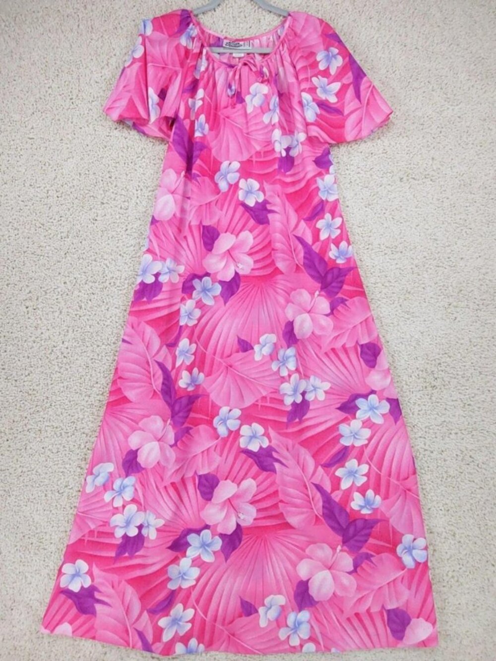 Vtg 70s/80s Hilo Hatties Hawaiian Floral Dress Sz M Maxi Pink Flowers Muumuu